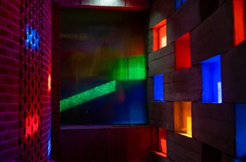 Photo of the colourful windows in the meeting house