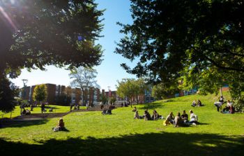 Photo of campus buildings, trees, grass and people