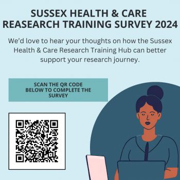 A bright image showing text about the survey, a graphic of a lady working at a laptop and a QR code that links to the survey