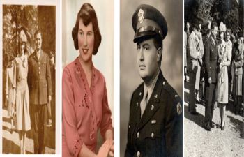 Two black and white photographs side by side. One is of a white woman with dark hair dressed in a 1940s style. The other is of a white man wearing an World War Two military uniform.