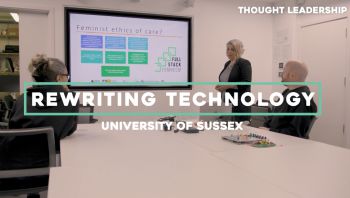 Screen opening title shot saying 'Rewriting Technology' University of Sussex