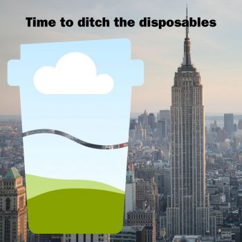 Mock-up of a coffee cup alongside the Empire State Building