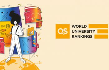 Graphic of student standing on globe and the QS World University Rankings logo