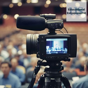 A camera at the front of a lecture theatre full of people.