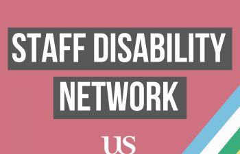 Staff Disability Network and University of Sussex text on a red background and rainbow colours in the corner