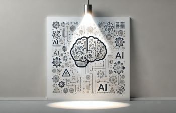 Various symbols and the initials AI dotted around a canvas with an outline of a brain in the centre and a spotlight hanging above.