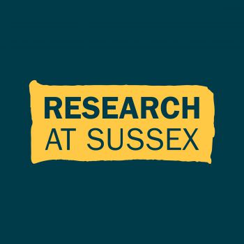 Graphic: blue background with yellow brushstroke in the centre. On the brushstroke, blue text reads 'RESEARCH AT SUSSEX'