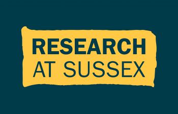 Graphic: blue background with yellow brushstroke in the centre. On the brushstroke, blue text reads 'RESEARCH AT SUSSEX'