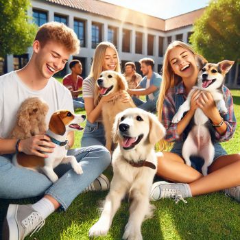 Illustration of students cuddling with a couple dogs.