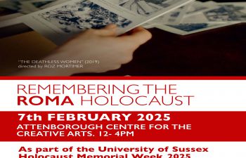 Remembering the Roma Holocaust event flyer with details of the event displayed in red and white text. An image of a person holding some black and white photographs appears at the top.