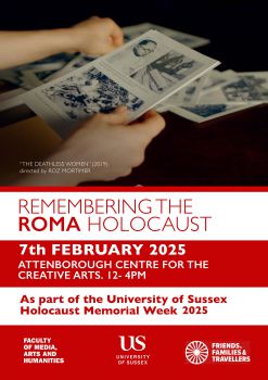 Remembering the Roma Holocaust event flyer with details of the event displayed in red and white text. An image of a person holding some black and white photographs appears at the top.