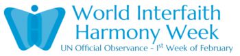 Symbol of a blue butterfly with blue text to the side which reads 'World Interfaith Harmony Week UN Official Observance - 1st week of February'