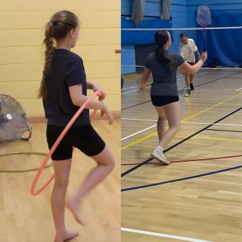 one girl holding a hula hoop and another hitting a shuttlecock over a net