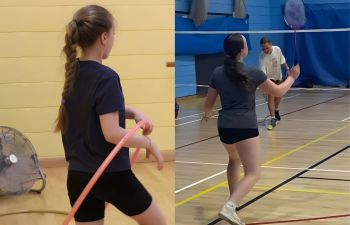 one girl holding a hula hoop and another hitting a shuttlecock over a net