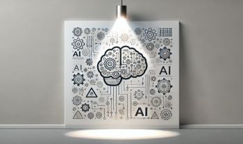 Brain icon on canvas with the letters AI arranged around it. A spotlight lights the Canvas from above