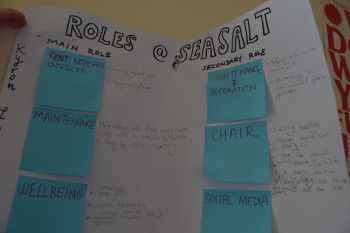 A large piece of paper with post-it notes on allocating Co-op tasks such as maintenance, rent collection and wellbeing.