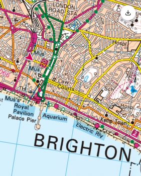 Screenshot of zoomed in map of Brighton, you can see roads and streets and the coast marked out in colourful lines.