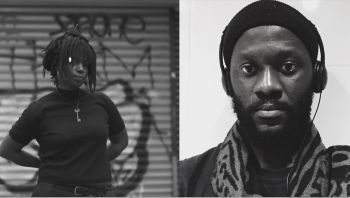 Photograph of two images. On the left is Bleue Liverpool from waist up in shot stood facing the camera, head tilted to the side looking at the viewer. On the right, a headshot of Ibukun Sunday looking straight ahead in a black beanie and wired headphones.