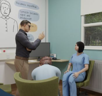 A still image of the virtual learning software that shows three individuals in a healthcare setting talking to one another