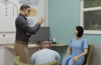 A still image of the virtual learning software that shows three individuals in a healthcare setting talking to one another