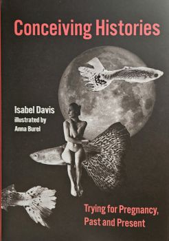 The book's cover showing a woman with fish, in front of a moon