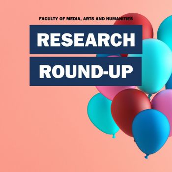 Text overlay: Research Round-up - over pink background a bunch of balloons