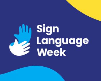 Sign Language Week logo with white and blue graphic hands on a dark blue background