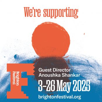 Brighton Festival 2025 graphic with 'We're supporting' in orange. Features an orange circle over blue brush strokes, the festival logo, dates '3-26 May 2025,' Guest Director Anoushka Shankar, and brightonfestival.org.