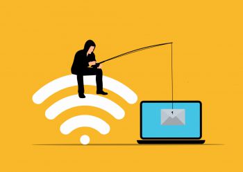 Graphic of a hooded man sitting on a WiFi symbol using a fishing rod to hook an email from a laptop