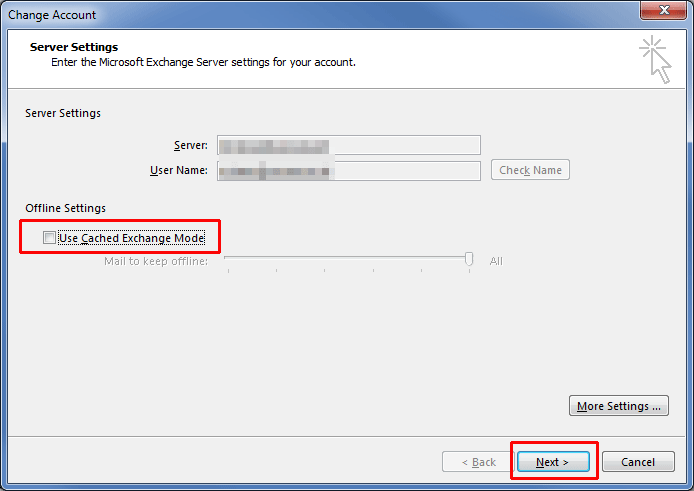 Outlook Cached Exchange Mode Off