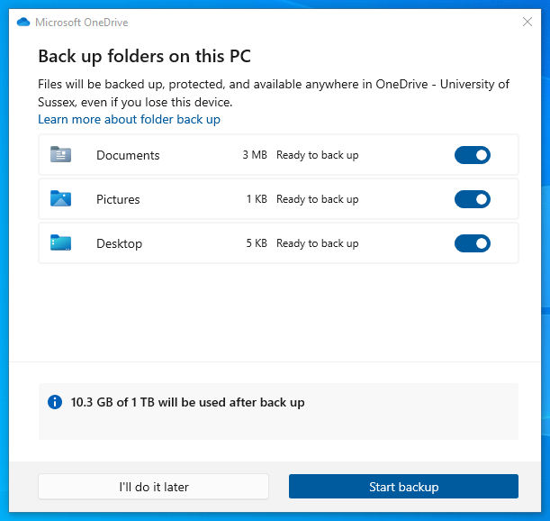 OneDrive backup prompt