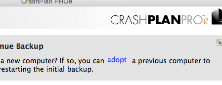 screenshot of the crashplan panel with the link to adopt a previous computer