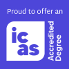 icas logo which reads 'icas, Proud to offer an Accredited Degree' white writing on a blue square background