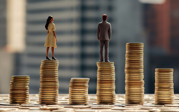 Figures of woman and man standing on coin piles