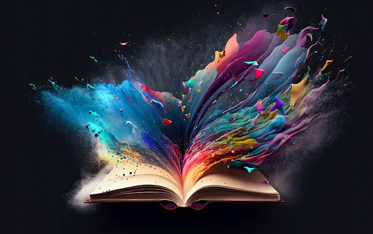 Colourful paint exploding out of a book