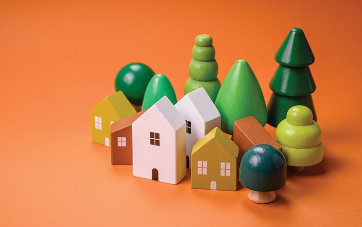 Wooden house and tree toy figures