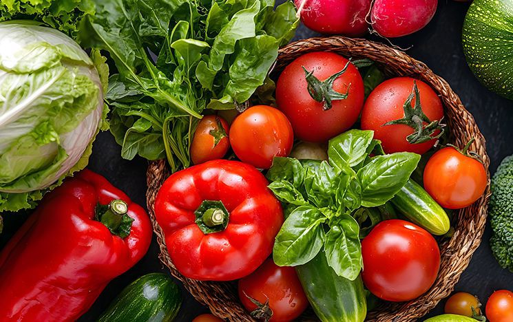 A basket of different vegetables with a spillover