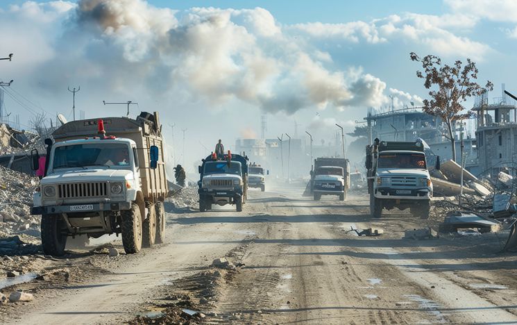 Trucks in a war zone