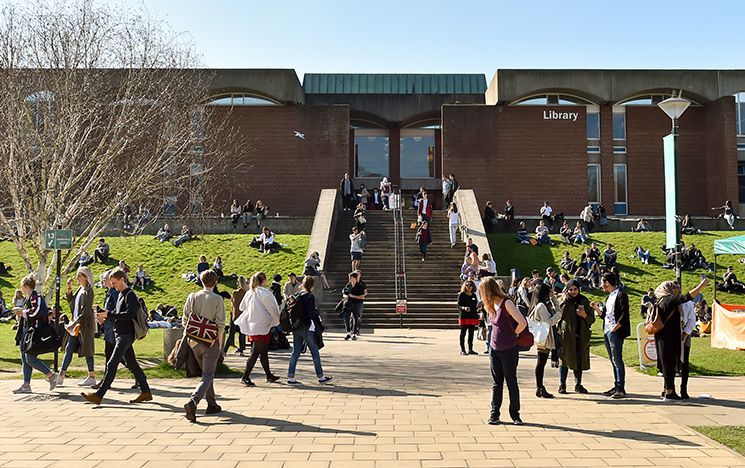 External view of the library with students milling around