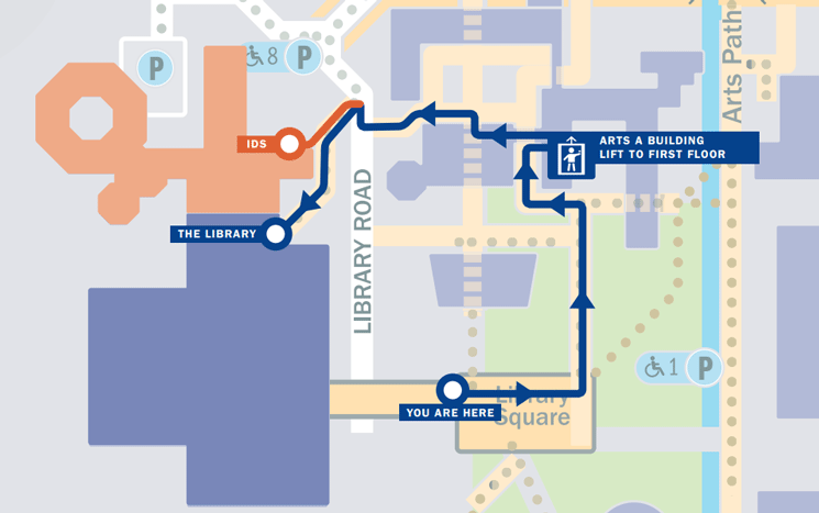 Accessible route from Library Square to level entrance