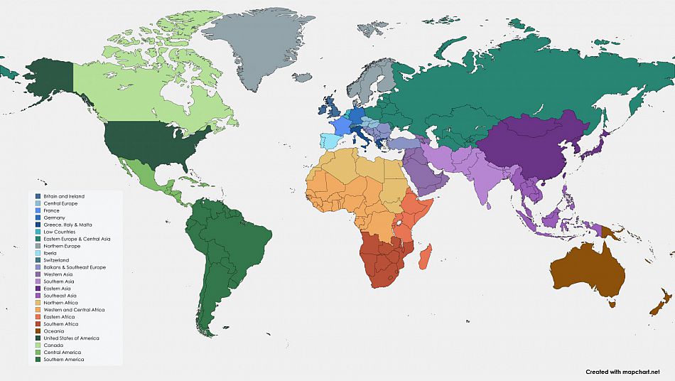 A map depicting the classification of Countries for shelf marks at the University of Sussex Library