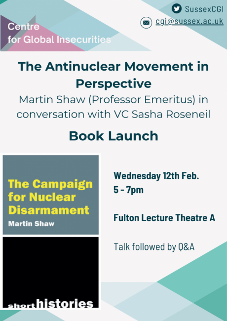 A poster advertising 'The Antinuclear Movement in Perspective' book launch event held on the 12 February