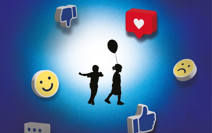 Illustration showing two children, one of which is holding a balloon. Surrounding the children are emoji's and symbols commonly found on social media.