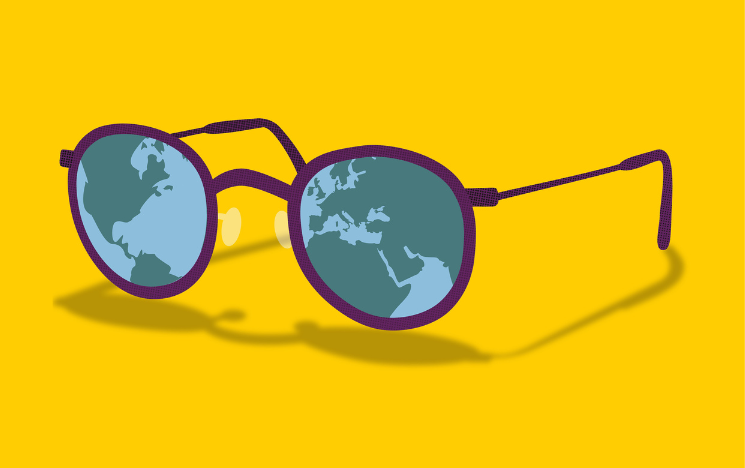 Illustration of glasses with world map reflected in the lens