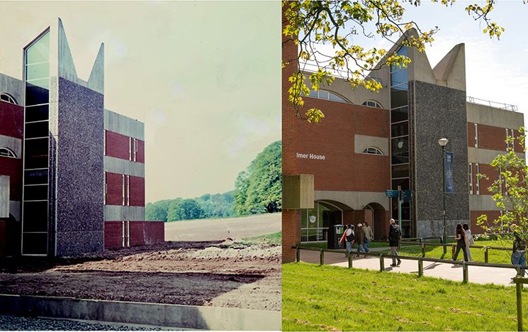 Exterior shots of Falmer House showing flint wall from 1961 just after construction and in 2024
