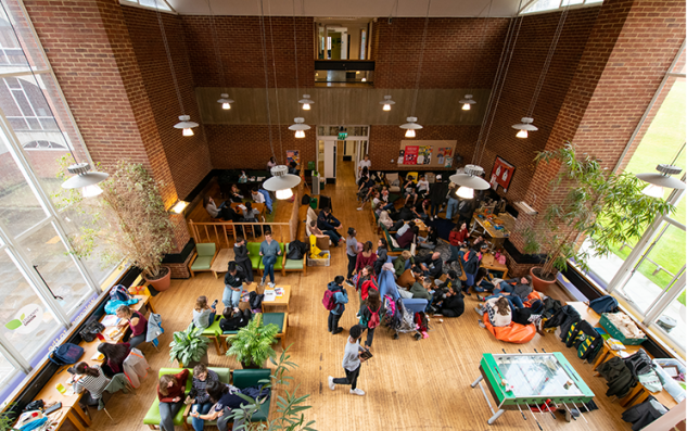 Aerial view of a leisure space full of groups of students.