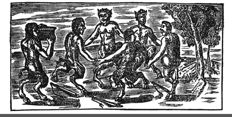 Black and white printing press illustration of a group of fauns in a woodland