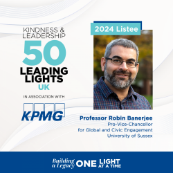 Photo of Robin Banerjee with the logo for 50 Leading Lights UK Kindness in Leadership award