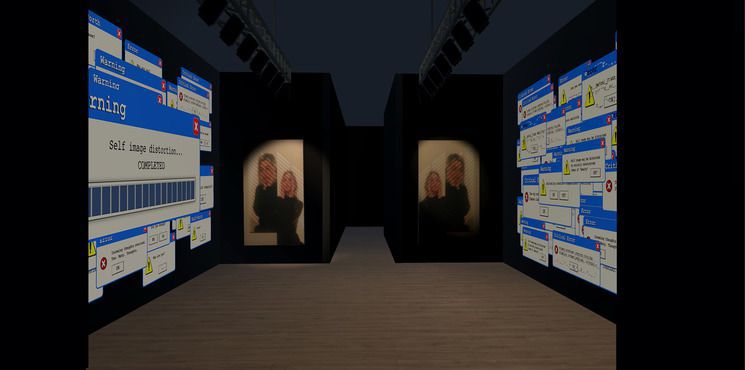 Screenshot of a virtual reality experience - A room with brown floor and black walls. On left and right walls are overlaid computer task buttons with photos of two girls next to them.