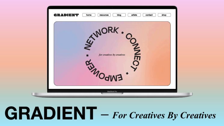 Screenshot of advert for 'Gradient' (student project website) showing laptop with 'Gradient' homepage on it. Text says "Gradient - by creatives for creatives"